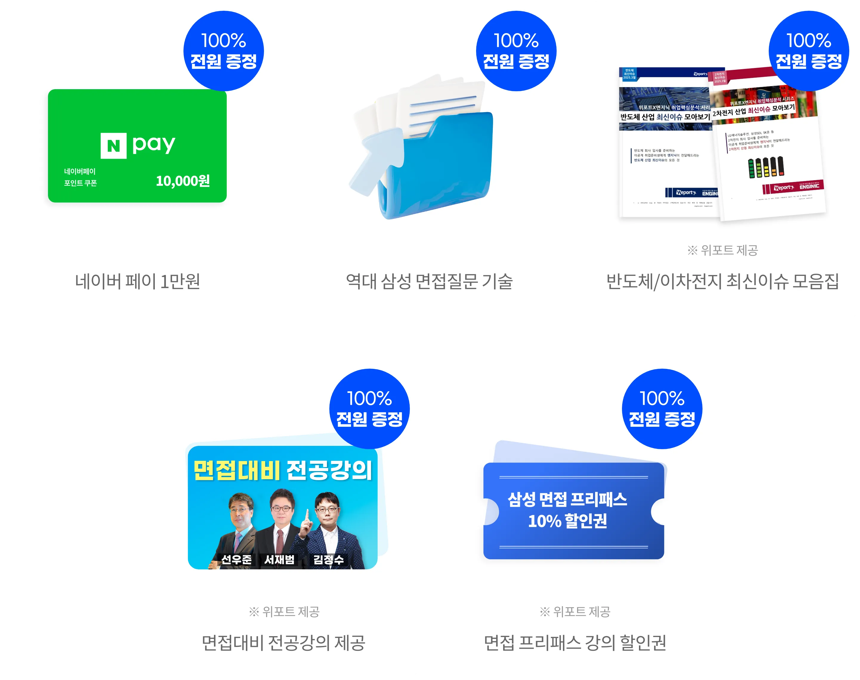 100% 전원 증정되는 네이버페이 1만원권, 역대 삼성 면접기술 무료 제공, 반도체/이차전지 최신이슈 모음집, 신우준/서재범/김정수 교수진의 면접대비 전공강의, 삼성 면접 프리패스 10% 할인권 이미지